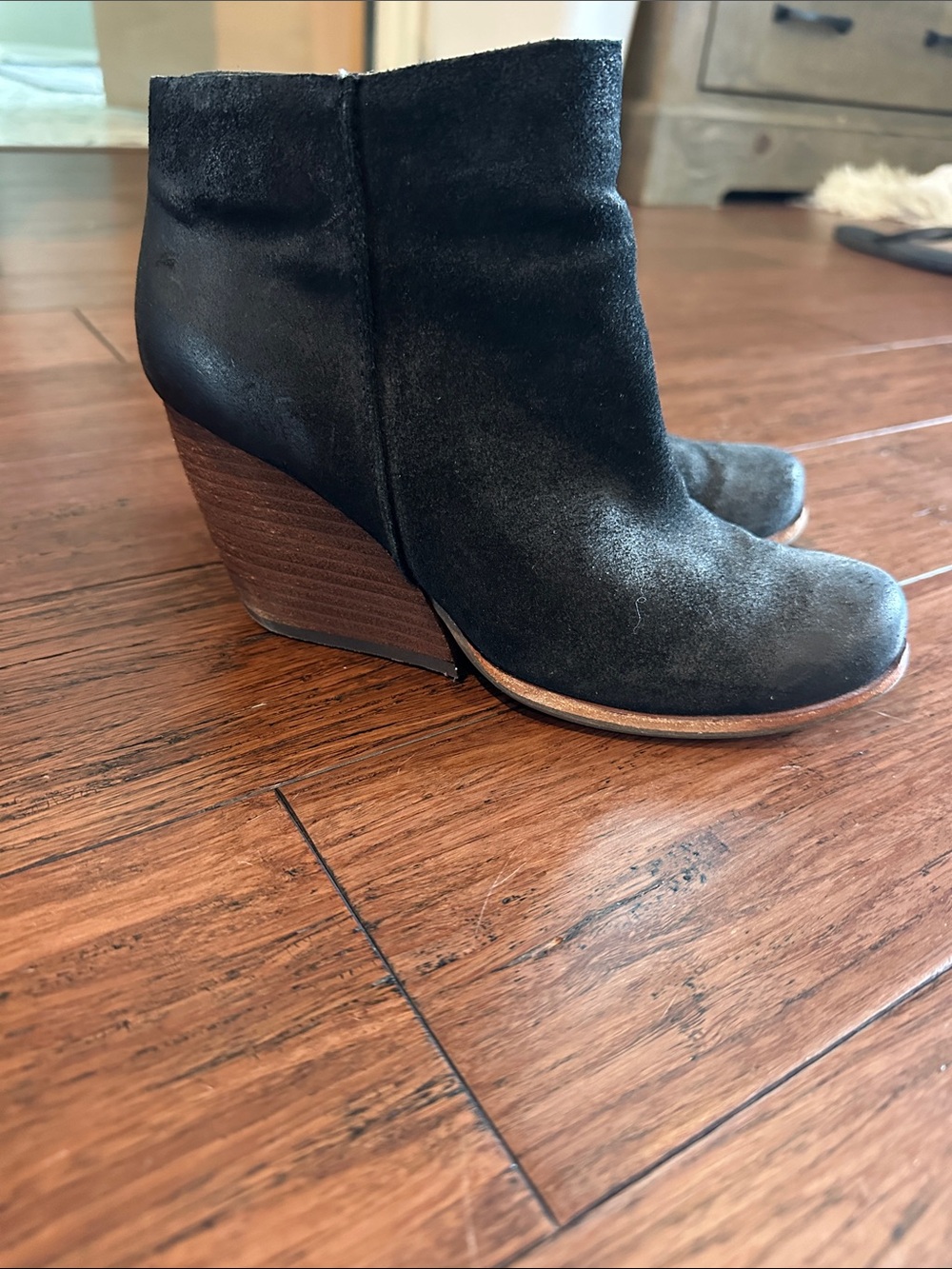 Kork-Ease Black Suede Ankle Booties with Side Zip and Stacked Heel